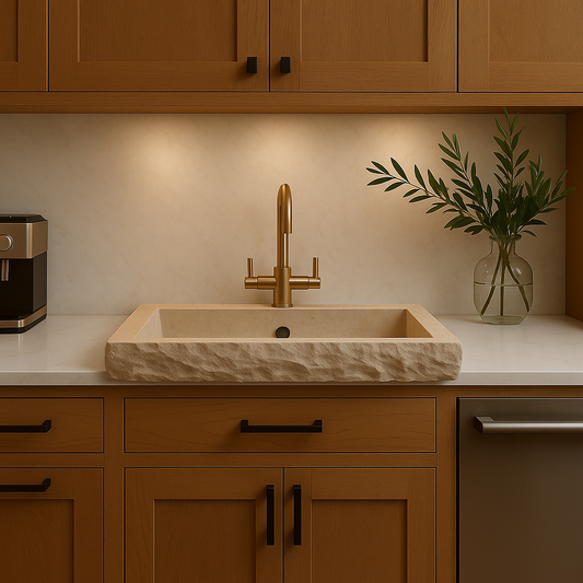 Modern kitchen with wooden cabinets, a stone sink, and a gold faucet.