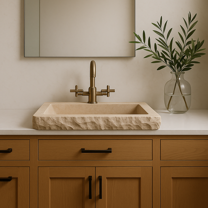Bathroom vanity with stone sink, brass faucet, and wooden cabinets.