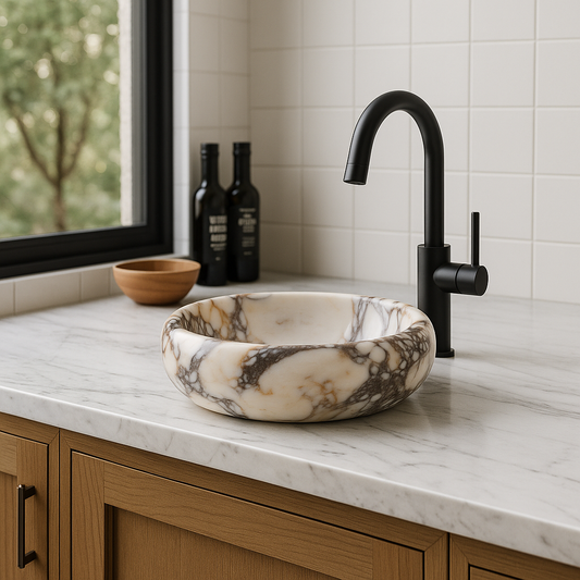 Marble sink on a kitchen counter with black faucet
