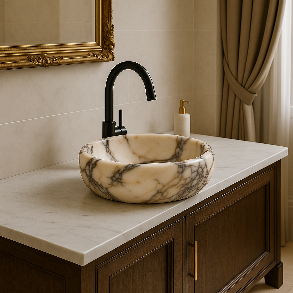 Marble sink on a bathroom vanity with black faucet and gold mirror.