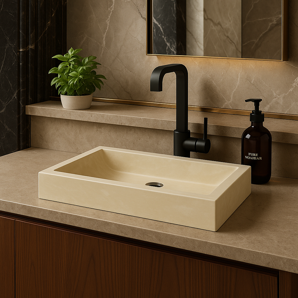 Troia light travertine sink on a bathroom countertop with modern faucet and decorative plant.