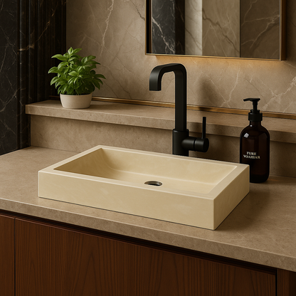 Troia light travertine sink on a bathroom countertop with modern faucet and decorative plant.