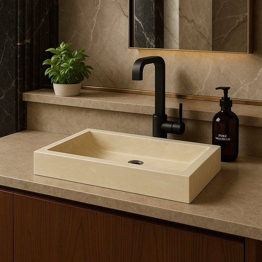 Troia light travertine sink on a bathroom countertop with modern faucet and decorative plant.
