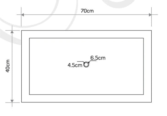 Dimensions diagram of Troia Light Travertine Sink, showing 70 cm x 40 cm with a 4.5 cm drain hole.