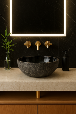 Natural Black Marble Vessel Sink — hand-carved natural stone basin for a bathroom vanity or powder room