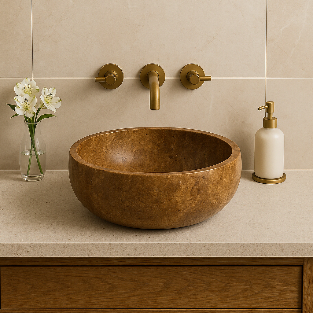 Noce travertine vessel sink with polished finish in a minimalist bathroom setting.
