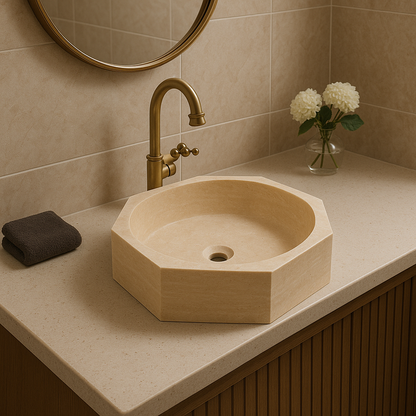 Light beige marble vessel sink with polished finish in a minimalist bathroom setting.