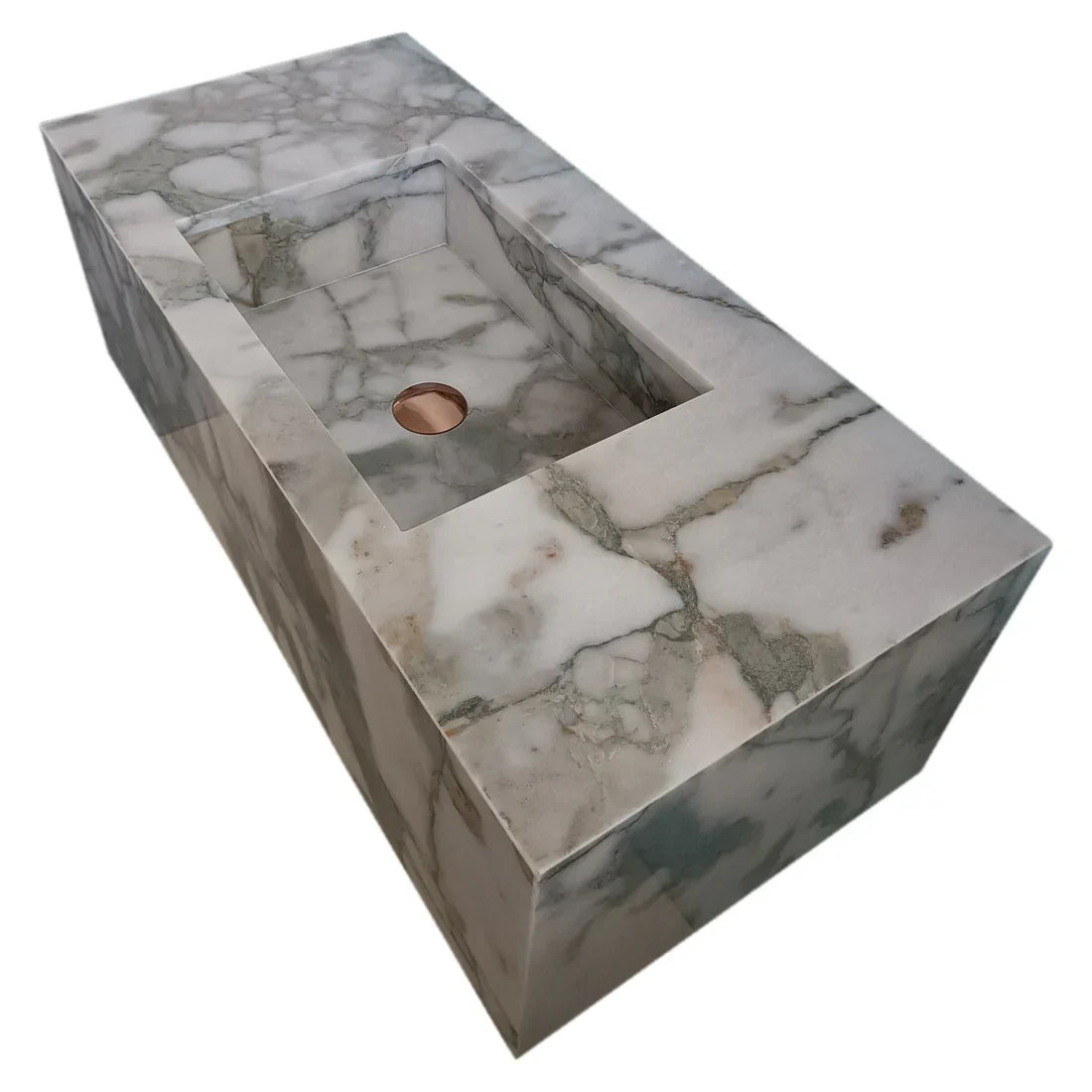 Sleek wall-mount sink featuring elegant Calacatta Verde marble design for modern bathroom aesthetics