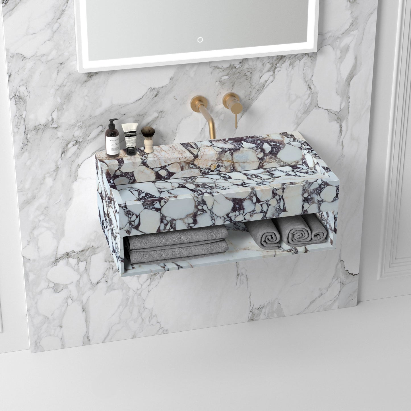 Luxurious Calacatta Viola marble countertop with sleek hidden drain design for modern bathroom aesthetics