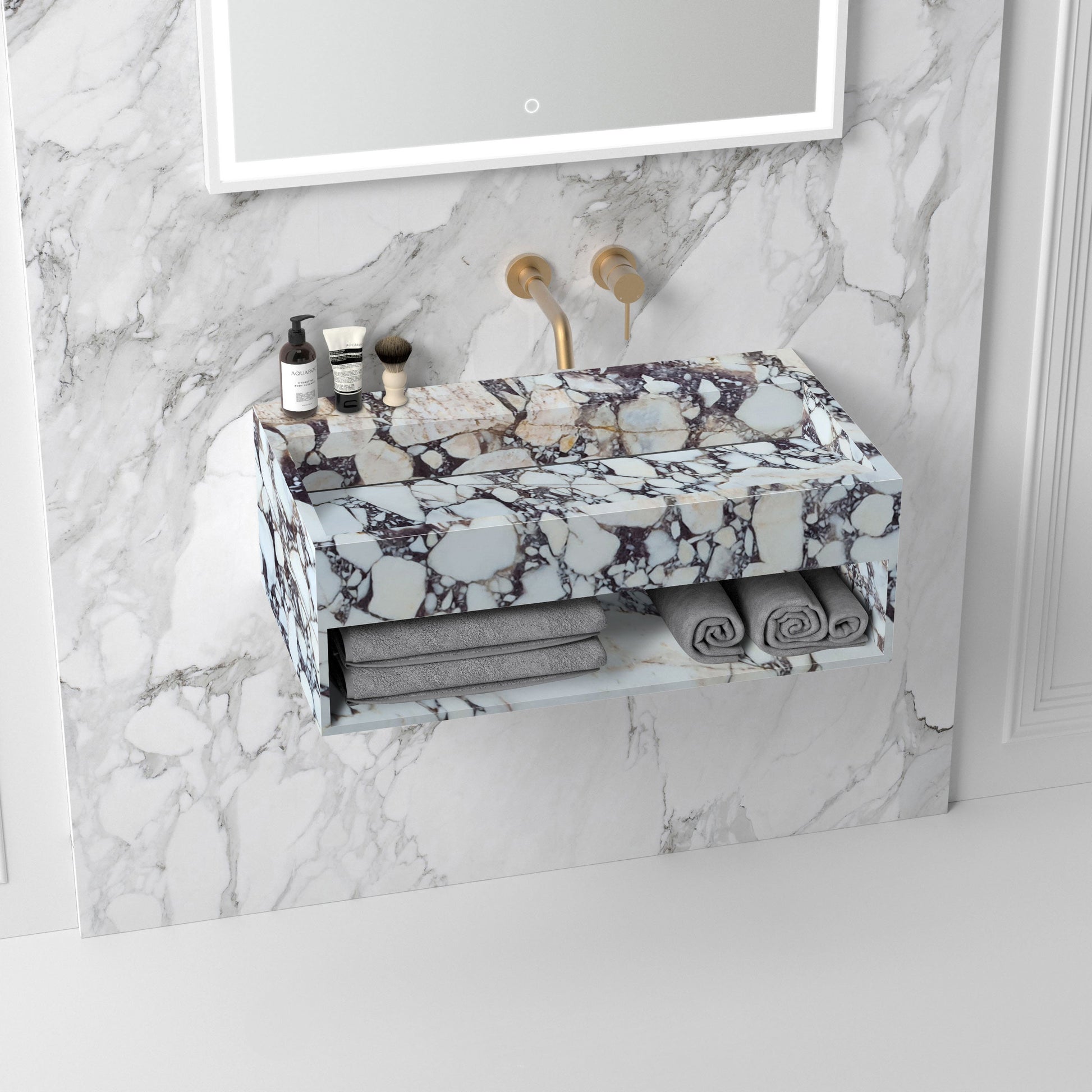 Luxurious Calacatta Viola marble countertop with sleek hidden drain design for modern bathroom aesthetics