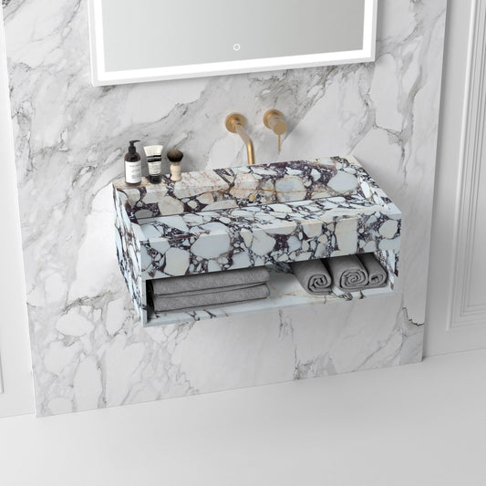 Luxurious Calacatta Viola marble countertop with sleek hidden drain design for modern bathroom aesthetics