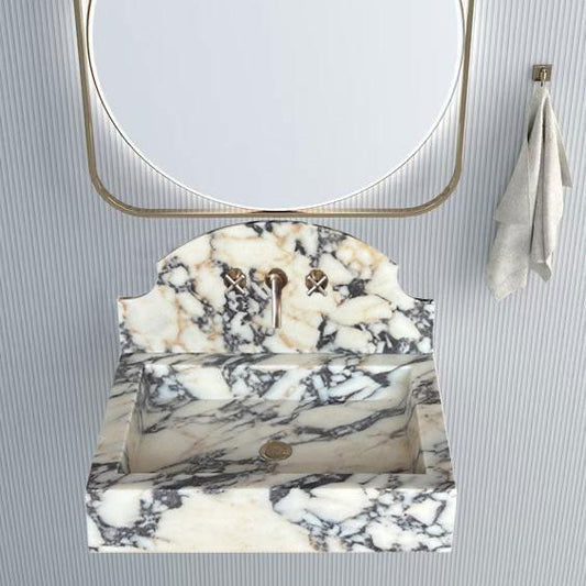 Elegant Calacatta Viola wall-mount sink showcasing luxurious marble design for modern bathrooms