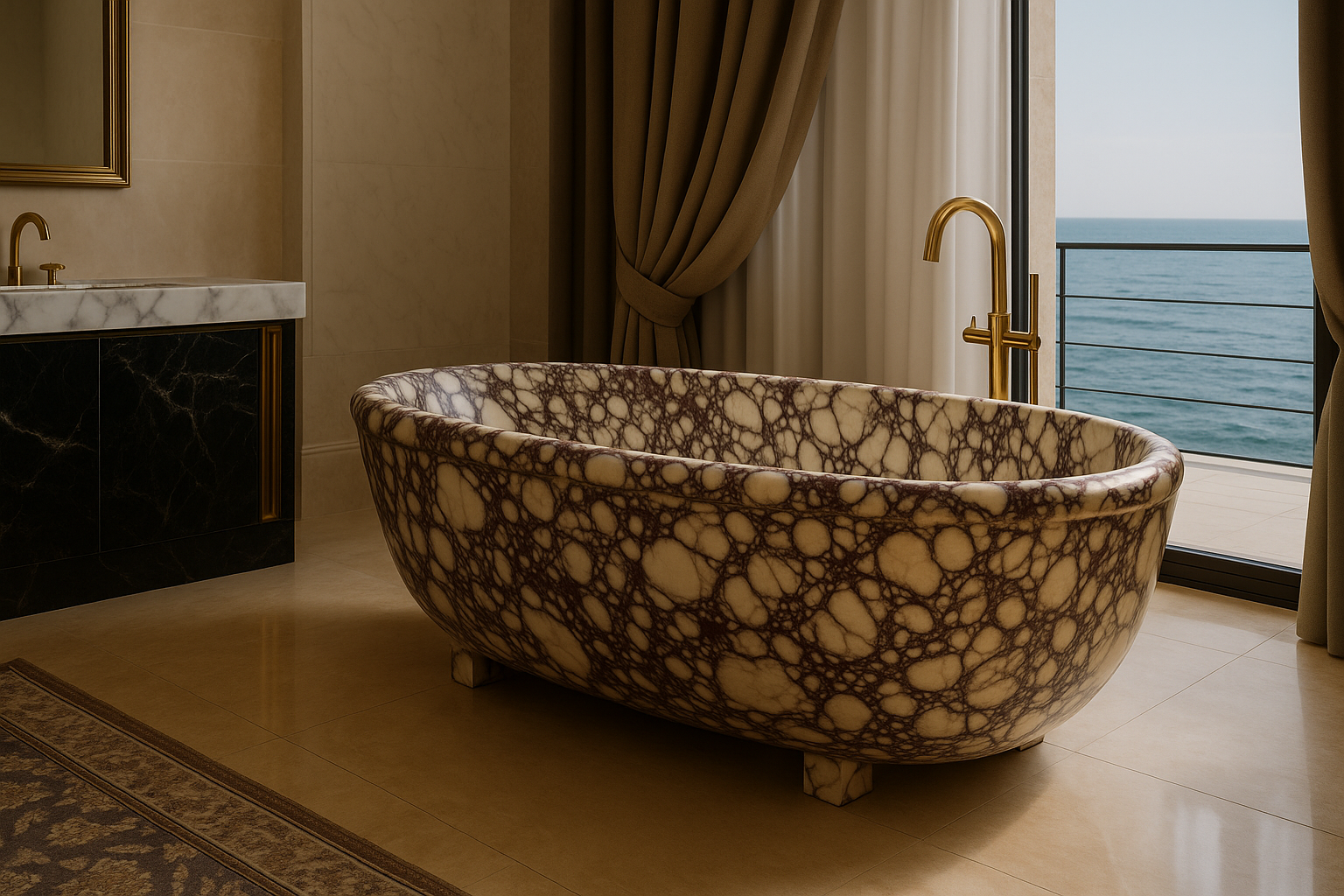 Luxury Calacatta marble bathroom design featuring an elegant marble bathtub for upscale interiors