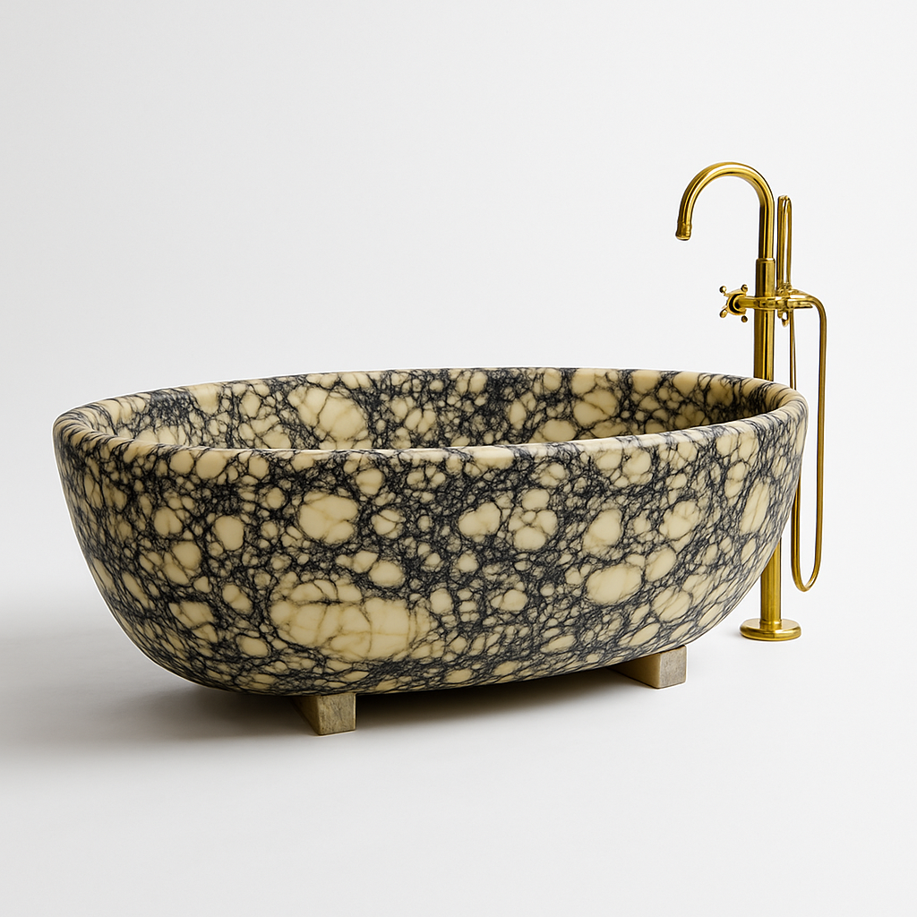 White Freestanding Calacatta Marble Bathtub — solid natural stone soaking tub carved from a single block