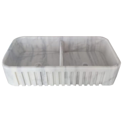 Carrara White Marble Farmhouse Apron Kitchen Double Sink (W)18" (L)36" (H)8".
