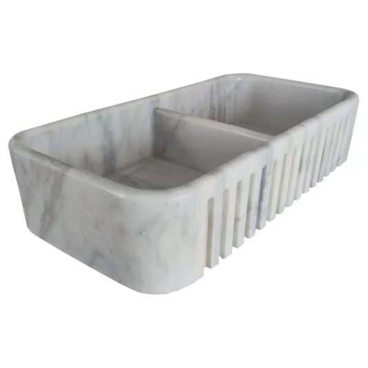 Carrara White Marble Farmhouse Apron Kitchen Double Sink (W)18" (L)36" (H)8".