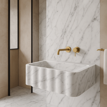 Elegant Carrara marble wall-mount design enhancing modern interiors with timeless natural beauty and durability.