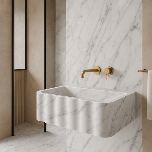 Elegant Carrara marble wall-mount design enhancing modern interiors with timeless natural beauty and durability.