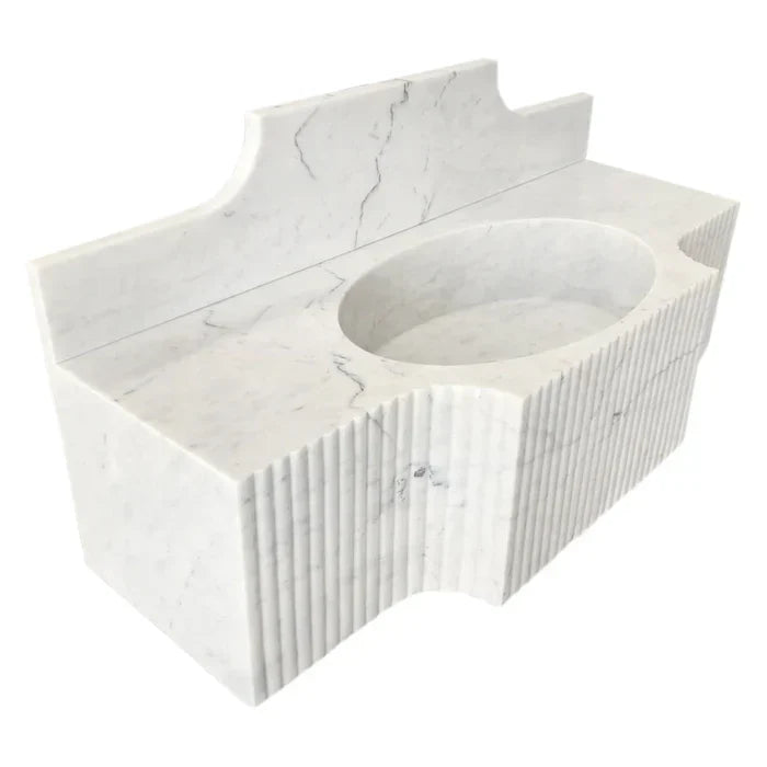Elegant Carrara White wall-mount sink designed for modern bathrooms, combining style and space-saving functionality.