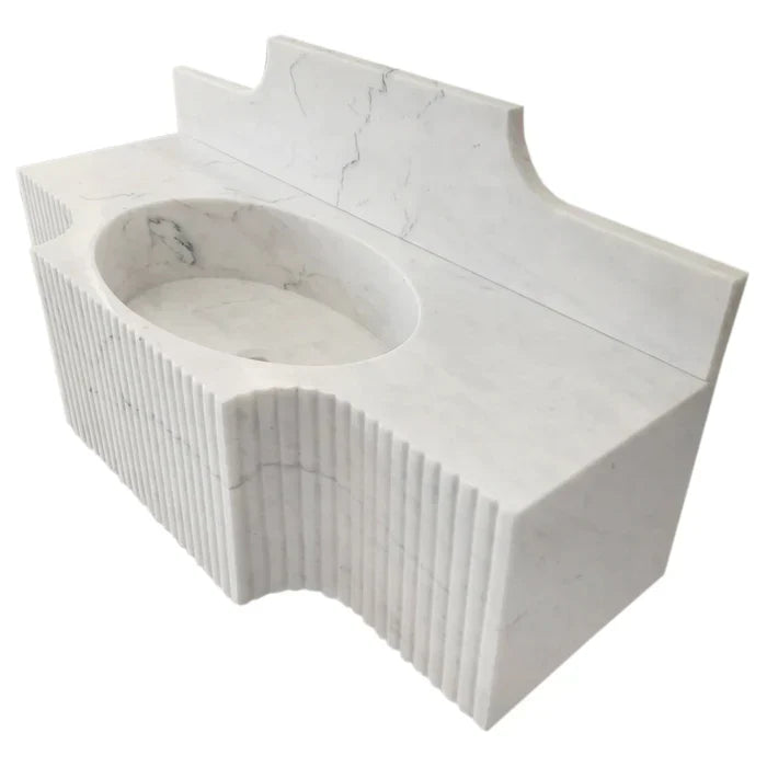 Elegant Carrara White wall-mount sink designed for modern bathrooms, combining style and space-saving functionality.