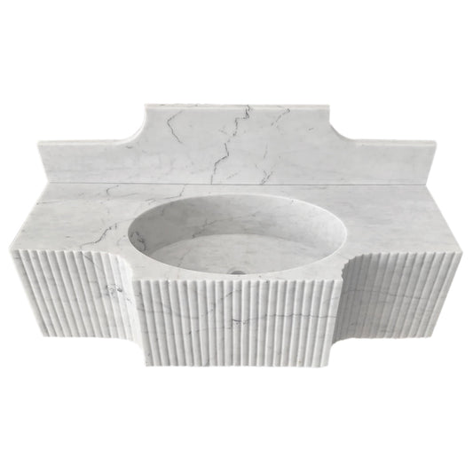 Elegant Carrara White wall-mount sink designed for modern bathrooms, combining style and space-saving functionality.