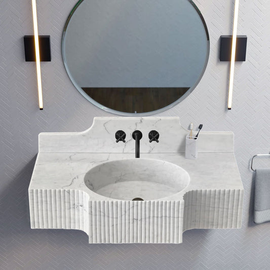Elegant Carrara White wall-mount sink designed for modern bathrooms, combining style and space-saving functionality.