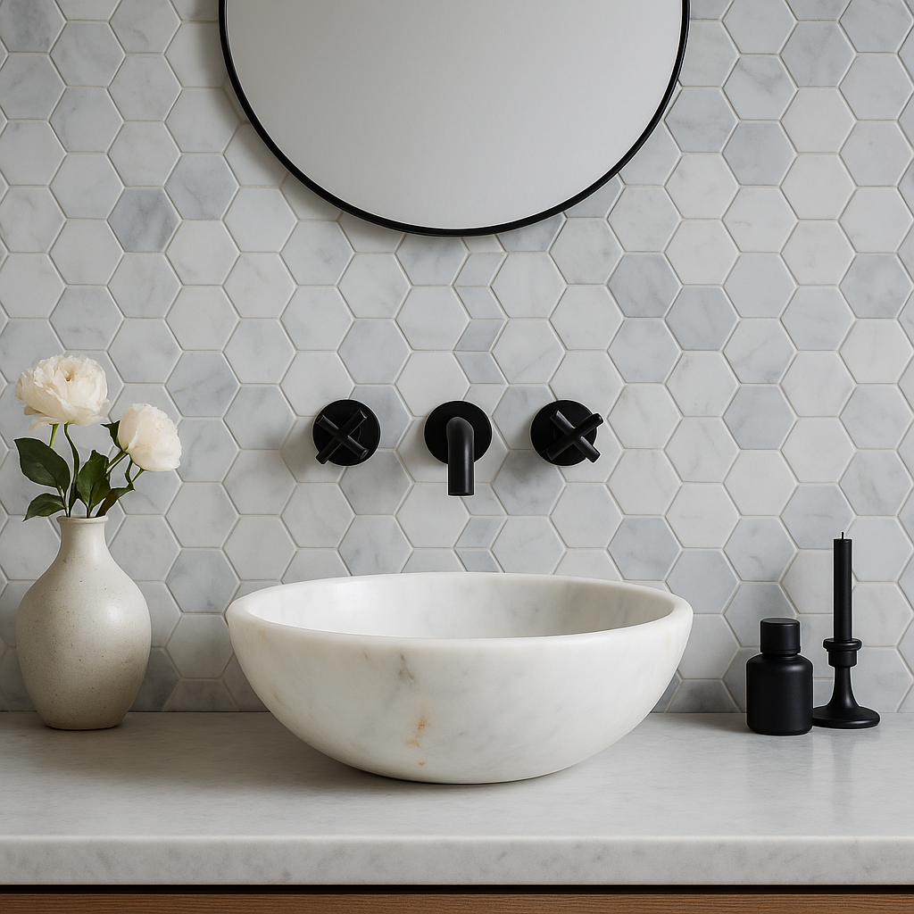Carrara marble vessel sink set against a hexagon tile wall, complemented by a round mirror and decorative accents.