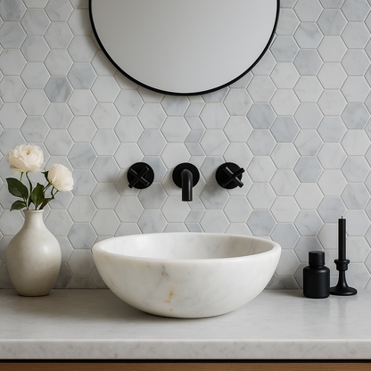 Carrara marble vessel sink set against a hexagon tile wall, complemented by a round mirror and decorative accents.