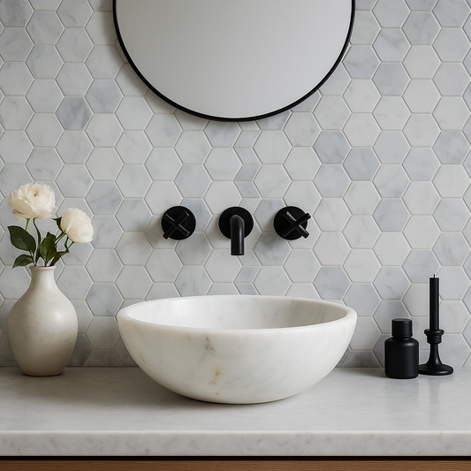 Carrara marble vessel sink set against a hexagon tile wall, complemented by a round mirror and decorative accents.