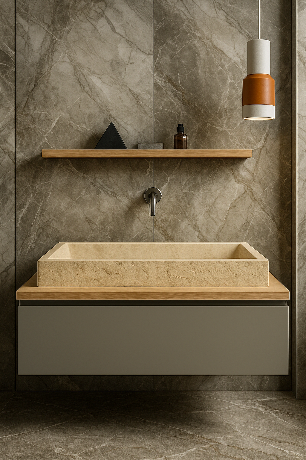 Troia Travertine Sink with minimalist wooden cabinet in a modern bathroom interior.
