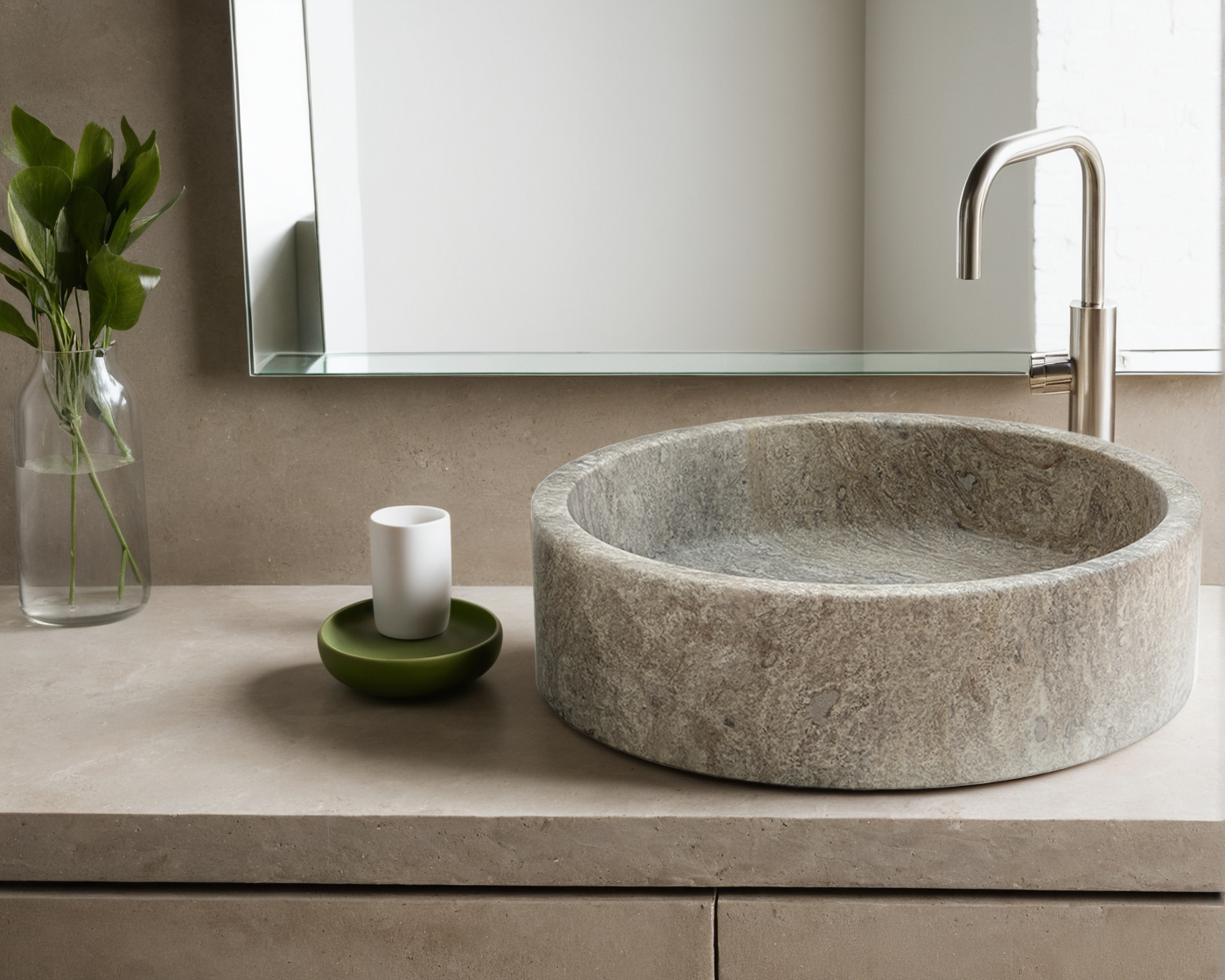 View the image of Dark Travertine Round Vessel Sink (BRS014) at BROSMARBLE. Premium marble sink in the Sinks category, available for $350.00.