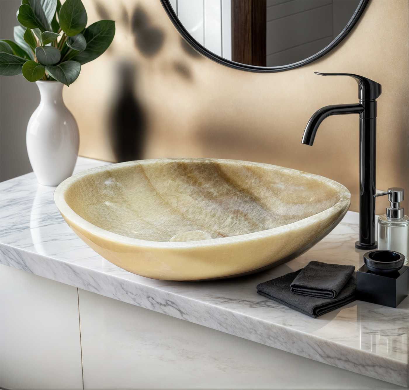 View the image of Honey Onyx Marble Vessel Sink (BRS018) at BROSMARBLE. Premium marble sink in the Sinks category, available for $870.00.