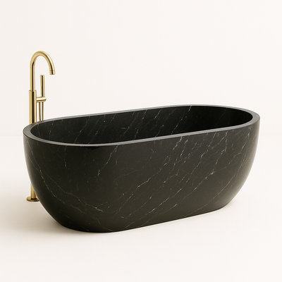 Freestanding Black Marble Bathtub — solid natural stone soaking tub carved from a single block