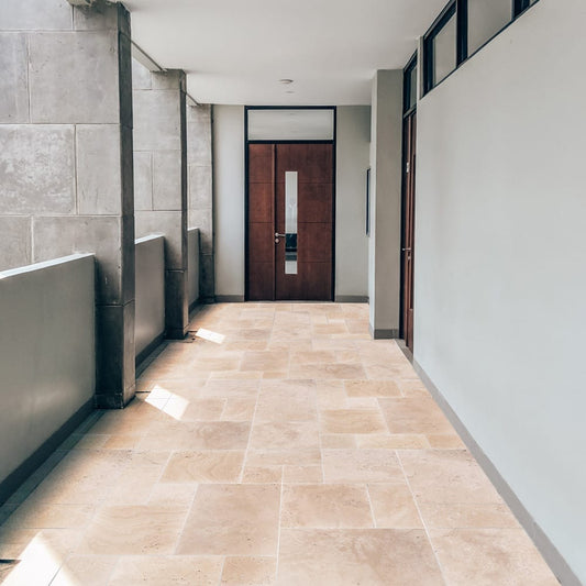 Elegant travertine tiles showcasing natural stone texture and durability for sophisticated flooring solutions.
