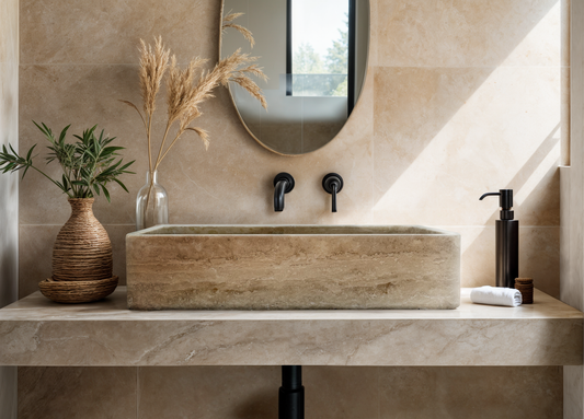 Light Travertine Rectangular Vessel Sink