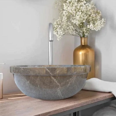 Elegant Maya Gray marble sink with a sleek design, perfect for modern bathroom interiors and luxury spaces.