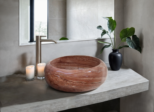 View the image of Red Travertine Vessel Sink (BRS007) at BROSMARBLE. Premium marble sink in the Bathroom Sinks category, available for $270.00.