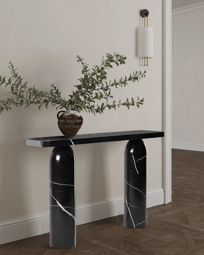 Toros Black Marble Designer Round Legs Console Polished.