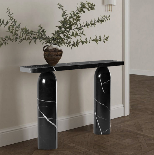 Toros Black Marble Designer Round Legs Console Polished.