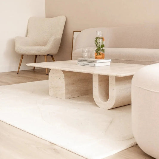 Troia Light Travertine Designer Coffee Table U Shape Legs (W)28" (L)48" (H)13".
