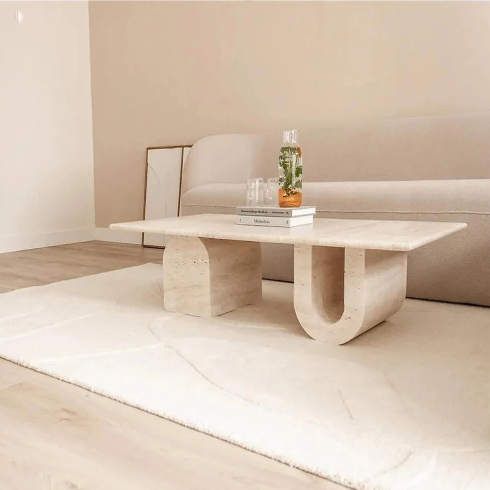 Troia Light Travertine Designer Coffee Table U Shape Legs (W)28" (L)48" (H)13".
