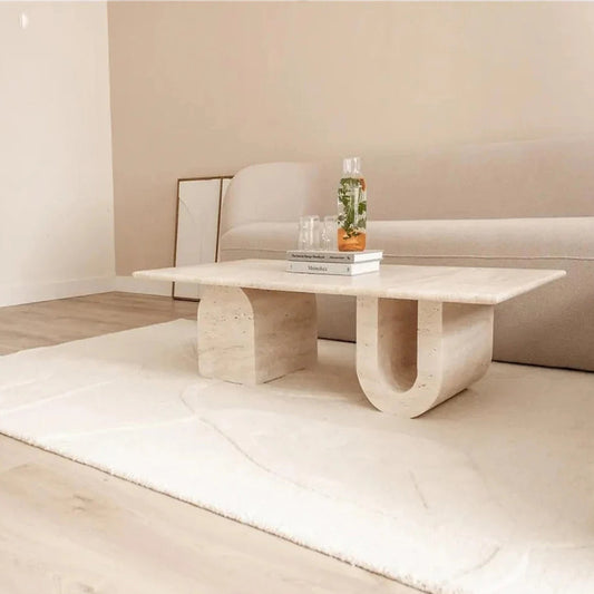 Troia Light Travertine Designer Coffee Table U Shape Legs (W)28" (L)48" (H)13".
