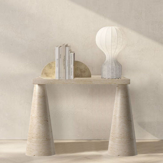 Troia Light Travertine Designer Cone Shape Legs Console Polished.