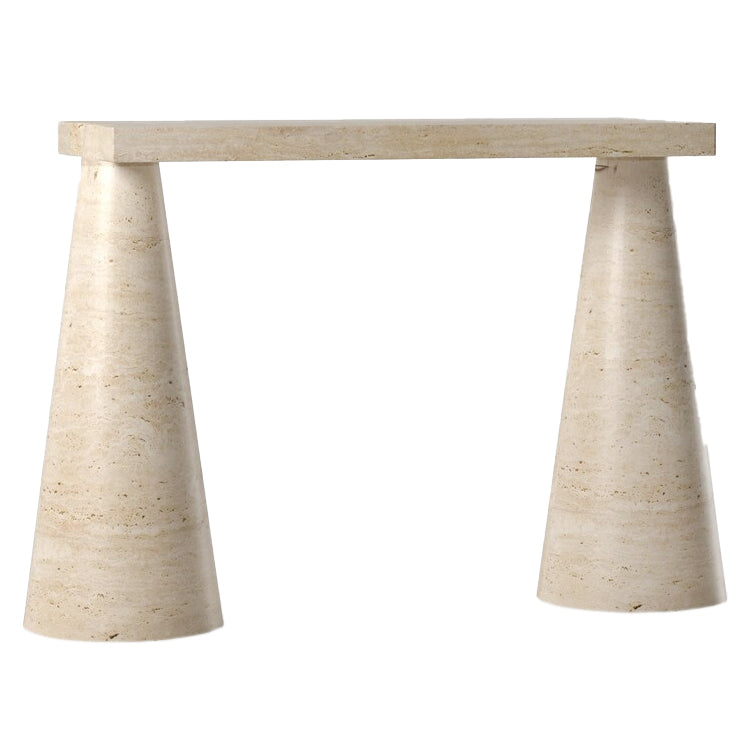 Troia Light Travertine Designer Cone Shape Legs Console Polished.