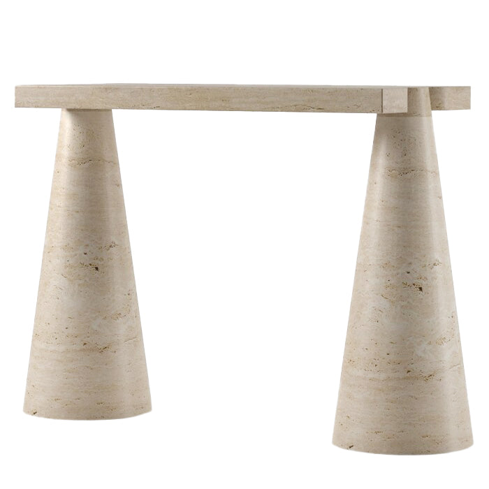 Troia Light Travertine Designer Cone Shape Legs Console Polished.