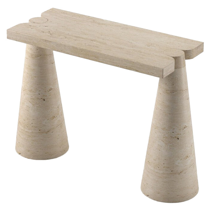Troia Light Travertine Designer Cone Shape Legs Console Polished.
