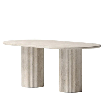 Elegant travertine dining table showcasing natural stone texture and sophisticated design for upscale interiors.