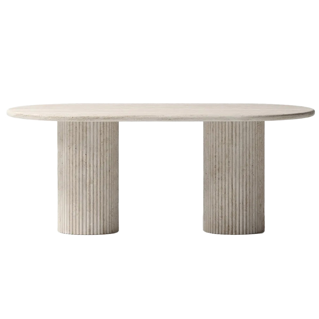 Elegant travertine dining table showcasing natural stone texture and sophisticated design for upscale interiors.