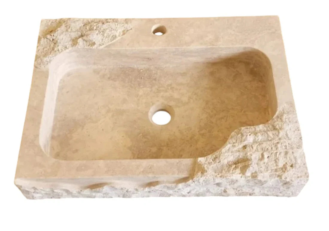 Beige Travertine Rectangular Wall-mount Bathroom Sink Rustic (W)16" (L)24" (H)5".