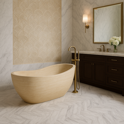 Elegant travertine bathtub showcasing refined craftsmanship in natural stone for sophisticated bathroom design.